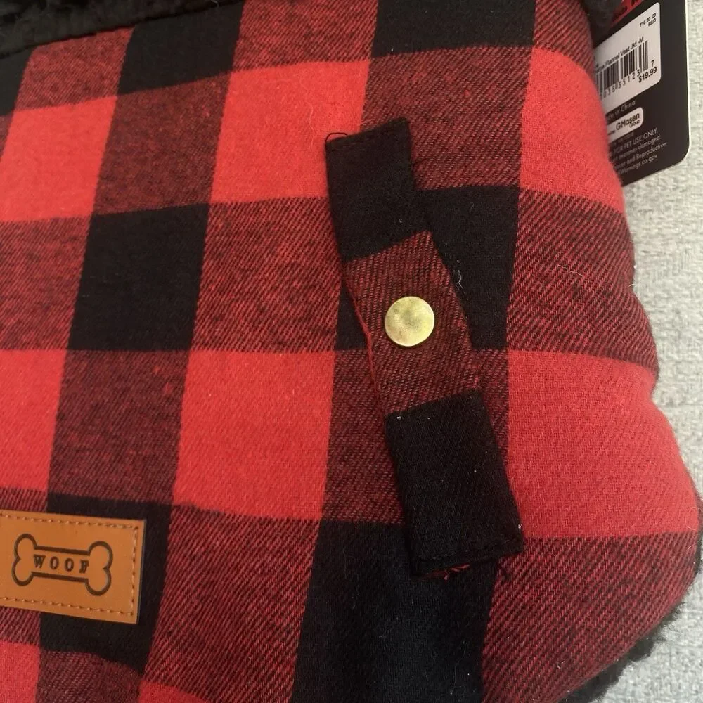 Dog Jacket Med Outfit Flannel Red Black Buffalo Plaid Checkered Holiday Warm NWT